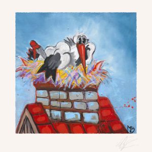 Storken er en dejlig flyver 50 x 50 cm - råhvid kant